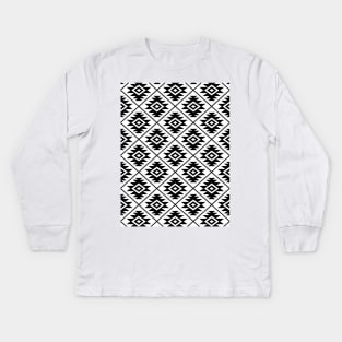 Aztec Symbol Black on White Repeat Pattern Kids Long Sleeve T-Shirt